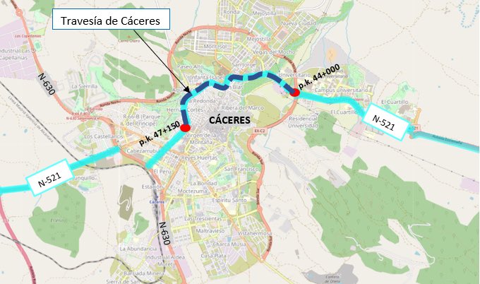 Adjudicadas las obras de rehabilitación del firme de las travesías de Cáceres y Valencia de Alcántara en la carretera N-521